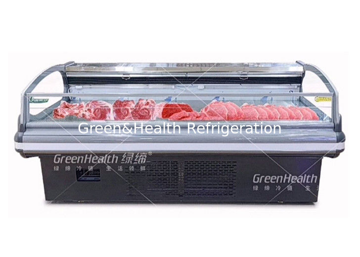 เครื่องทําความเย็นการค้าสําหรับการแสดงเนื้อสัตว์ที่มีแสง LED การเย็นแบบไดนามิก และเครื่องปั่น Danfoss/Secop สําหรับซุปเปอร์มาร์เก็ต