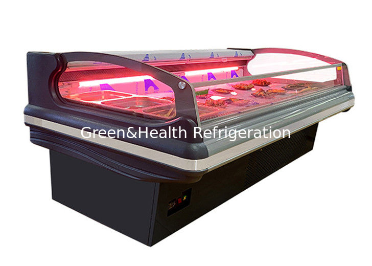 เครื่องทําความเย็นการค้าสําหรับการแสดงเนื้อสัตว์ที่มีแสง LED การเย็นแบบไดนามิก และเครื่องปั่น Danfoss/Secop สําหรับซุปเปอร์มาร์เก็ต