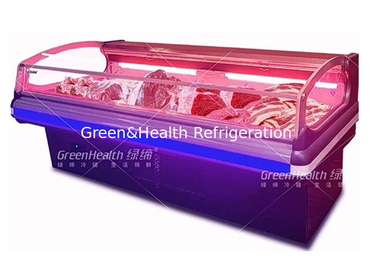 เครื่องทําความเย็นการค้าสําหรับการแสดงเนื้อสัตว์ที่มีแสง LED การเย็นแบบไดนามิก และเครื่องปั่น Danfoss/Secop สําหรับซุปเปอร์มาร์เก็ต
