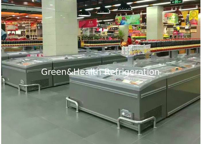 8 ฟุต ซุปเปอร์มาร์เก็ตขนาดใหญ่ เกาะแสดงแสดงผล กระจกประตูเลื่อน เครื่องเย็นสําหรับการเก็บไก่