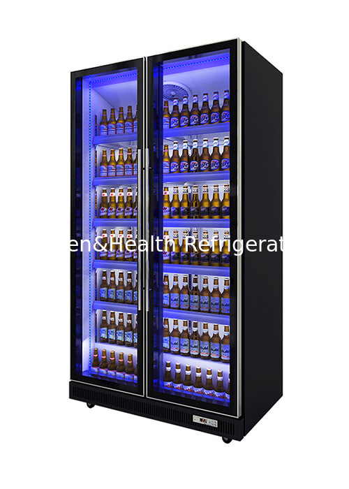880L ซุปเปอร์มาร์เก็ต Display Cooler Dynamic Cooling Tricolor LED Light Vertical Dazzle Black Drink Chiller เครื่องเย็นเครื่องดื่มสีดํา