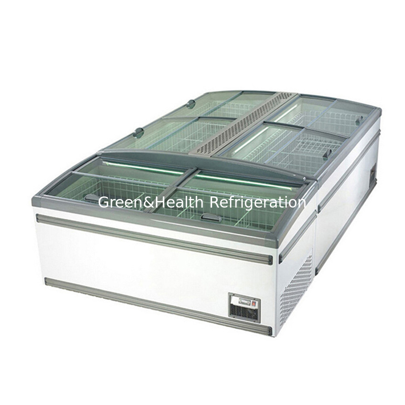 แบบจอยืดหยุ่น ประตูกระจก อัตโนมัติ defrostr ซุปเปอร์มาร์เก็ต เกาะ Freezer