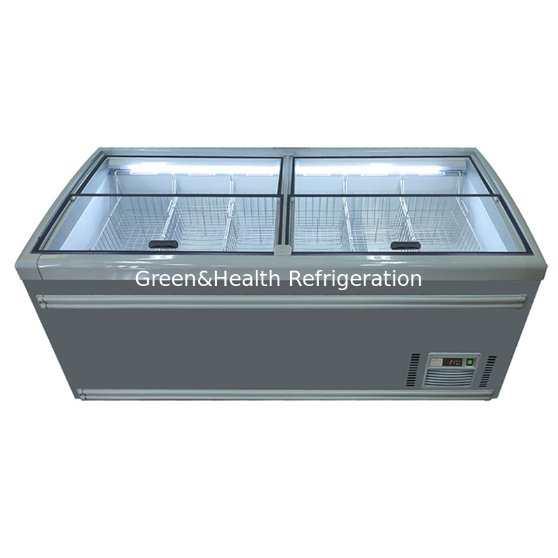 แบบจอยืดหยุ่น ประตูกระจก อัตโนมัติ defrostr ซุปเปอร์มาร์เก็ต เกาะ Freezer