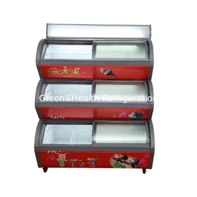 เครื่องตู้เย็นแสดงไอศกรีมสามชั้นพาณิชย์ที่มีสารเย็น R404a และกระป๋องเหล็กไร้ขัด