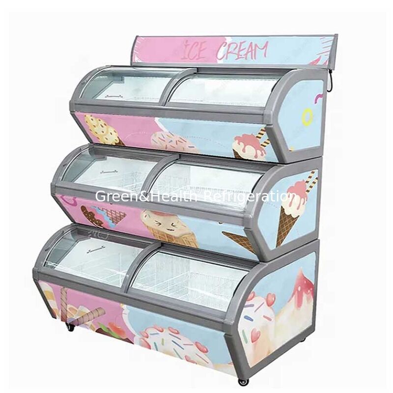 เครื่องตู้เย็นแสดงไอศกรีมสามชั้นพาณิชย์ที่มีสารเย็น R404a และกระป๋องเหล็กไร้ขัด