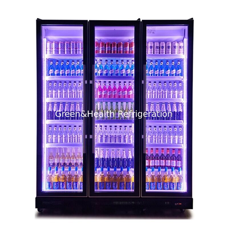 Triple Defog Glass Door Beverage Cooler with Adjustable Multi LED Lights and Fan Cooling