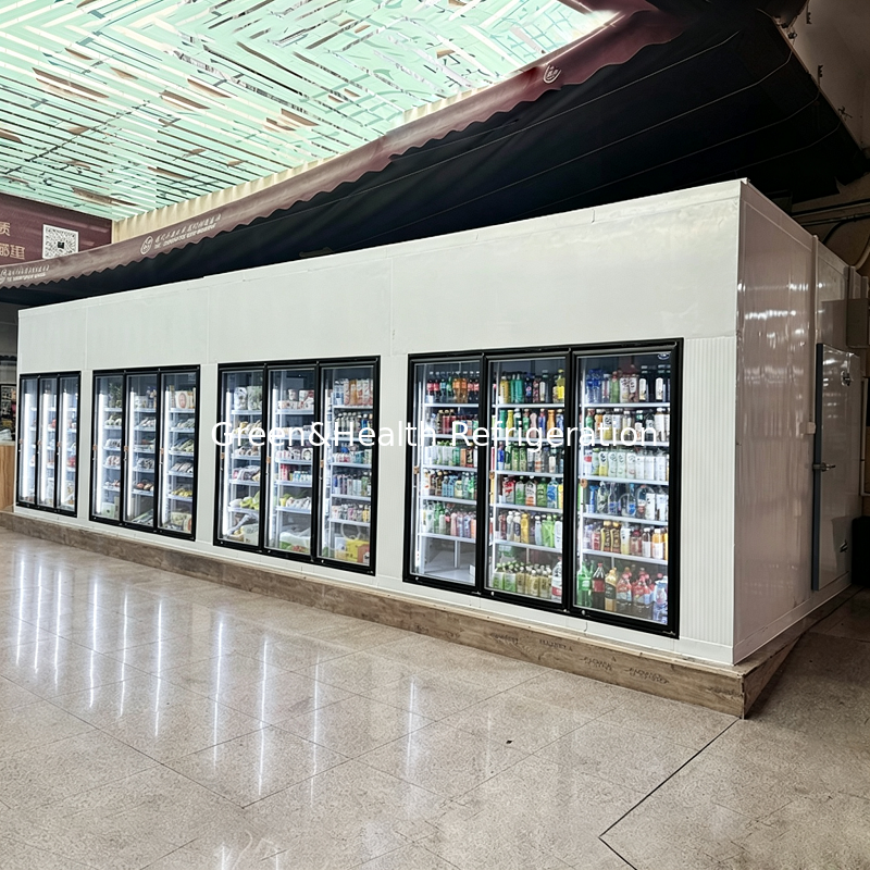 Commercial Pu Panel Display Glass Door Cold Storage Chamber Room Walk In Freezer For Supermarket