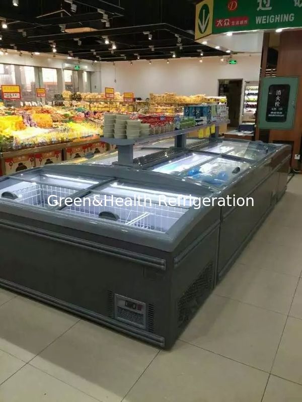 แบบจอยืดหยุ่น ประตูกระจก อัตโนมัติ defrostr ซุปเปอร์มาร์เก็ต เกาะ Freezer