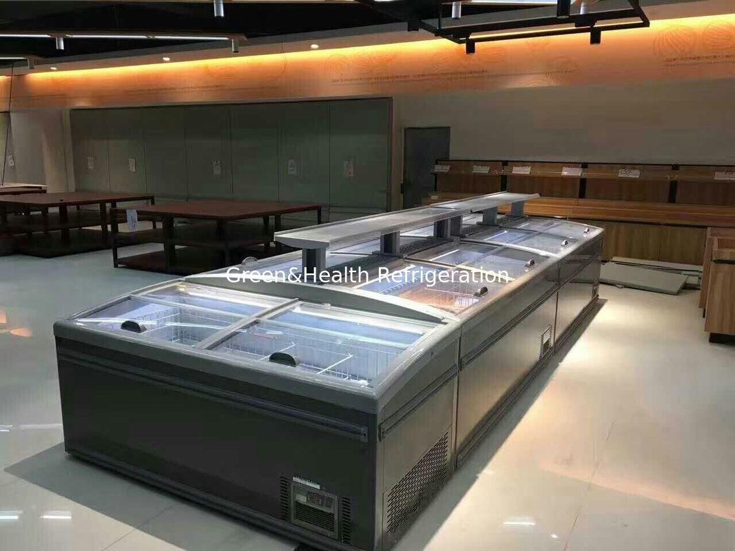 แบบจอยืดหยุ่น ประตูกระจก อัตโนมัติ defrostr ซุปเปอร์มาร์เก็ต เกาะ Freezer